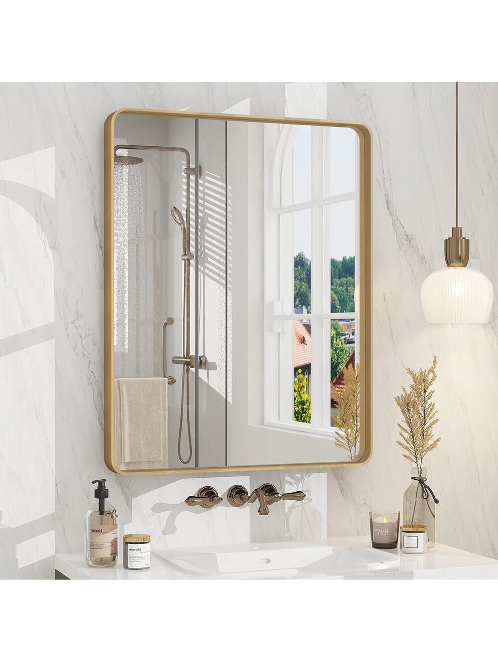 Foremost Reflections 24" x 30" Rounded Rectangle Brushed Gold Vanity Mirror